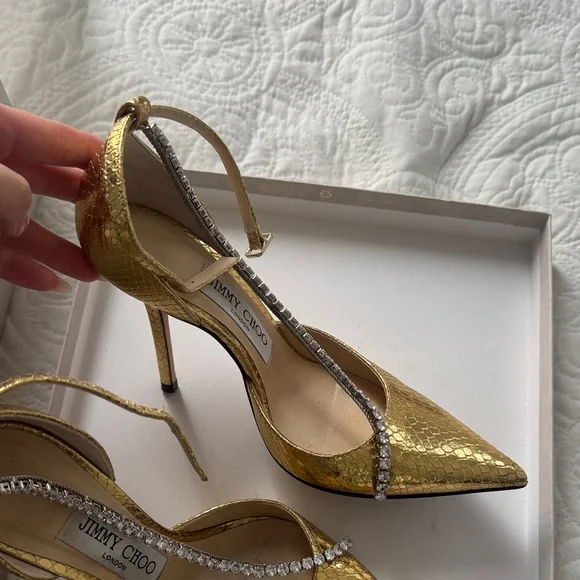 Jimmy Choo Gold Snakeskin (embossed)Heels with Crystal Accents - Picture 3 of 11